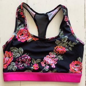 LulaRoe Rise: Invincible Black floral pink Sports Bra Large